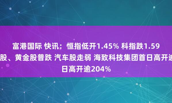 富港国际 快讯：恒指低开1.45% 科指跌1.59% 科网股、黄金股普跌 汽车股走弱 海致科技集团首日高开逾204%